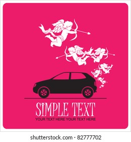 Abstract vector illustration with car and cupids. Place for your text.