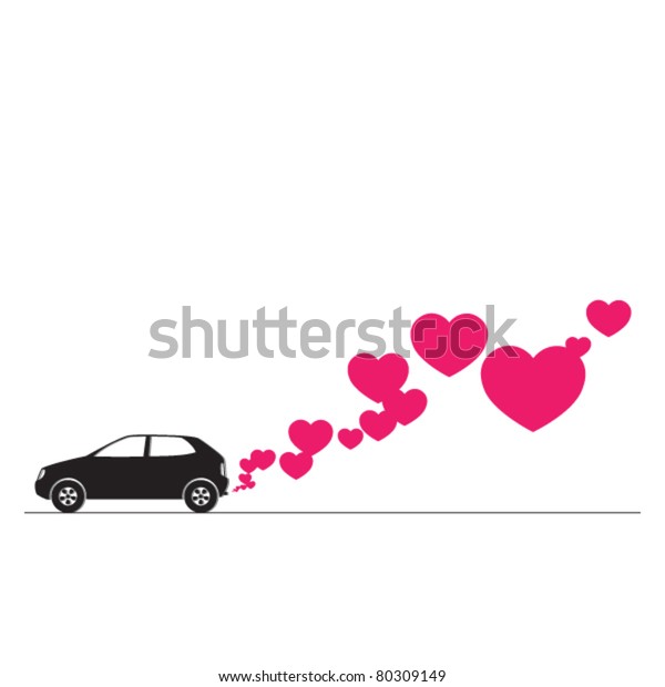 Abstract vector\
illustration with car and\
hearts.
