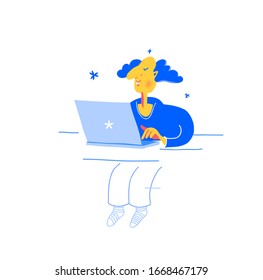 Abstract vector illustration of caricature, man sitting at a desk with a laptop. Cartoon parody style