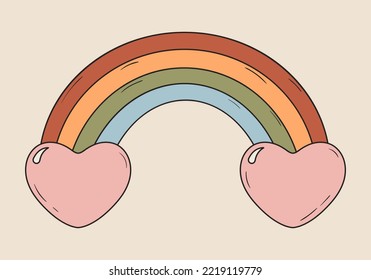 Abstrakte Vektorgrafik von Cartoon Regenbogen und Herzen. Elemente der 60er und 70er Jahre im Groovy-Stil. Farbiges Hippie-Symbol im Stil der 70er Jahre. handgezeichnete Vintage-Zeichnung