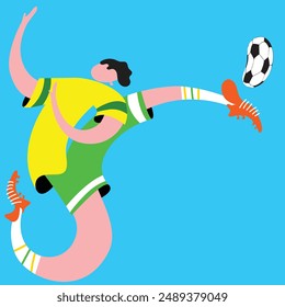 Abstract vector illustration of cartoon soccer player with elongated limbs kicking soccer ball in mid-air on bright blue background. Concept of sport, surrealism, competition, game.