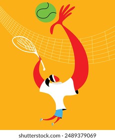 Abstractas Ilustración vectorial de un jugador de tenis de dibujos animados con los brazos largos exagerados golpeando una pelota de tenis verde sobre fondo naranja. Dinámica. Concepto de deporte, surrealismo, competición, juego.