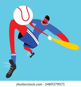 Abstract vector illustration of cartoon style baseball player with elongated limbs in blue and red attire, swinging bat at ball on blue background. Concept of sport, surrealism, competition, game.