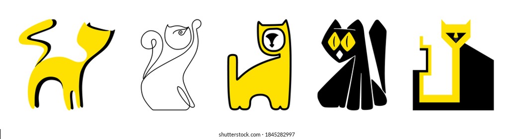 Abstract vector illustration of cats. Kittens, cats, kitty, mammals, pets, pussy, fuzzies drawn by hand. Cartoon set of cats. Cat icons and sketches, silhouettes, line drawings. Meow. Geometric cat