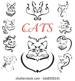 Abstract vector illustration of cats. Set of decorative ornamental cats. Abstract animal icon label. Flat illustration background with cat. Isolated vector objects on white background.