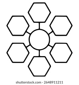 Abstract vector illustration of a central circle connected to six hexagons, creating a unique geometric snowflake-like design with bold black lines on a white background.