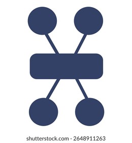 Ilustração vetorial abstrata de um elemento retangular central ligado a quatro elementos circulares, representando uma rede ou conceito de conexão em um esquema de cores azul marinho minimalista.