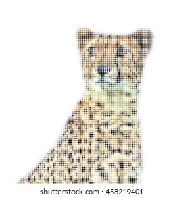 Abstract vector illustration of cheetah head, portrait, made of dots.