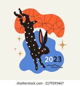 Abstract vector illustration of Chinese New Year 2023 symbol, jumping black rabbit with white dots. Cute blue eye hare, colored splashes and yellow stars. Trendy celebration print