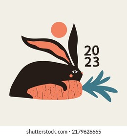 Abstract vector illustration of Chinese New Year 2023 symbol, black rabbit with carrot. Cute animal print design with vegetable.