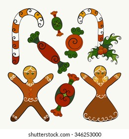 Abstract vector illustration of Christmas desserts - candy canes with mistletoe, sweets, gingerbread men (boy and girl). Hand-drawn object set. Isolated on a whitish  background. Eps 8.