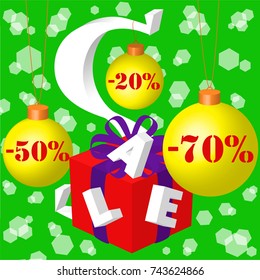 Abstract Vector Illustration Christmas Sale, Special Offer Background with Gift Box and Golden Ball. Winter Hot Discount Card TEmplate. 