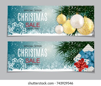 Abstract Vector Illustration Christmas Sale, Special Offer Background with Gift Box and Golden Ball. Winter Hot Discount Card Template. EPS10