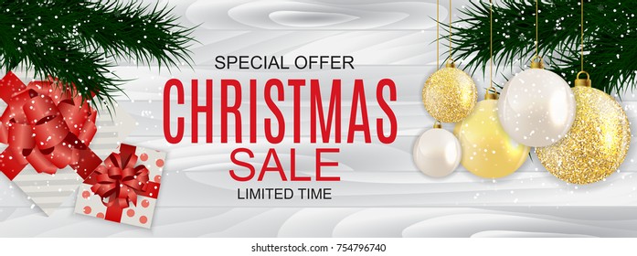 Abstract Vector Illustration Christmas Sale, Special Offer Background with Gift Box and Golden Ball. Winter Hot Discount Card Template. EPS10