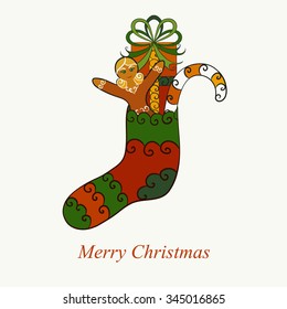 Abstract vector illustration of Christmas sock with gift, candy cane, gingerbread girl. Isolated on whitish background. Eps 8.