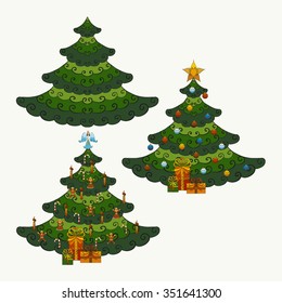 Abstract vector illustration of Christmas tree set decorated with candle, candy cane, gingerbread man,  angel, ball, star, gifts. Hand-drawn objects. Isolated on white background. Eps 8.