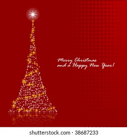 Abstract vector illustration of a christmas tree over a red background