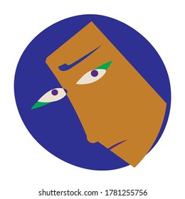 Abstract vector illustration: a circle face with an orange half and a blue half on the white background 