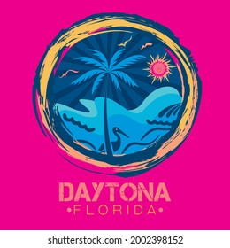 An abstract vector illustration of a circular brush stroke with sunshine rays and palm tree with a shore line of Daytona Beach and Florida lettering