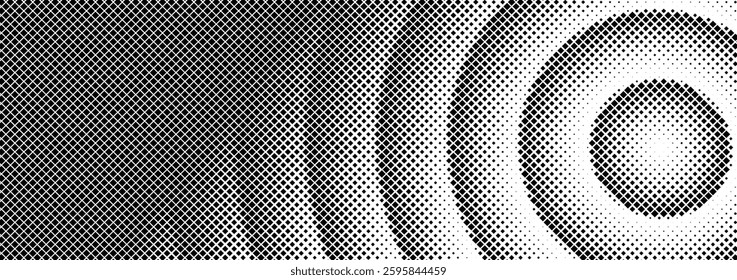 Abstract vector illustration of a circular halftone distortion pattern – black and white dotted texture background