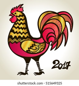 Abstract Vector illustration of cock.Wallpaper with rooster symbol of the Chinese calendar.Background with red, and gold Silhouette of cock,decorated with floral ornaments.Element for New Years design