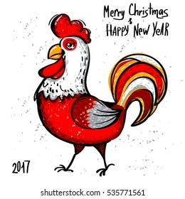 Abstract Vector illustration of cock.Wallpaper with rooster symbol of the Chinese calendar.Background with red Silhouette of cock hand drawing in cartoon style. Element for New Years design