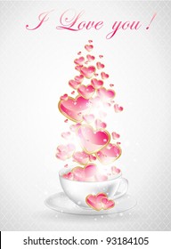 Abstract vector illustration of coffee-cup and hearts.