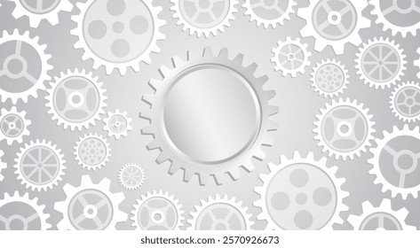 Abstract vector illustration of cogwheel. Wide grey background of engineering mechanism. For technology presentation or banner. Innovation concept in high-tech gear design.