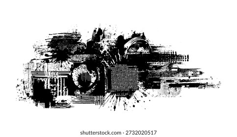 Collage de Ilustración vectorial Abstractas con fondo de glitch, texturas distorsionadas del grunge, ruido digital y patrones de punto de semitono.