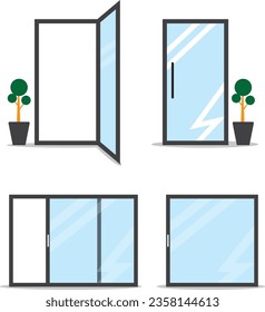 Abstract Vector illustration collection Closed and opened Flat style Glass Double Door and Aluminum Interior Door Vector Set. Door lock and open vector for office, home, store, mall, shop.
