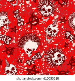 Abstract vector illustration color punk skull with mohawk hair and symbol anarchy on grunge backdrop. Inscription punk. Seamless background. Design for print on fabric or t-shirt.