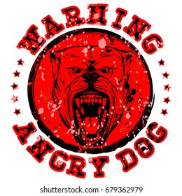 Abstract vector illustration color stamp with head dog breed pit bull with and stars. Inscription danger.