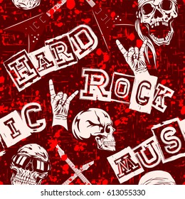 Abstract vector illustration colored hard rock seamless grunge background. Skull in sunglasses or bandana. Hand with gesture rock. Inscription hard rock music. Design for print on fabric or t-shirt.