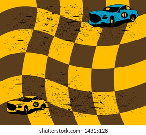 Abstract vector illustration with colored racing cars on background with distorted squares