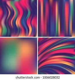 Abstract vector illustration of colorful background with blurred light lines. Set of four square backgrounds. Curved lines.