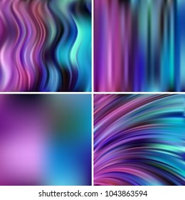 Abstract vector illustration of colorful background with blurred light lines. Set of four square backgrounds. Curved lines. Purple, blue colors.
