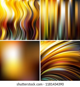 Abstract vector illustration of colorful background with blurred light lines. Set of four square backgrounds. Curved lines.