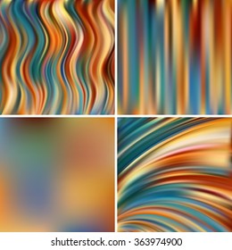 Abstract vector illustration of colorful background with blurred light lines. Set of four square backgrounds. Curved lines.