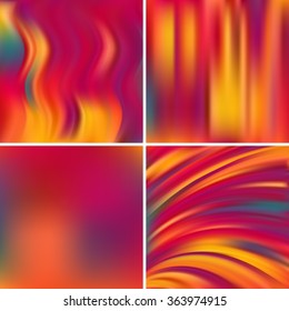 Abstract vector illustration of colorful background with blurred light lines. Yellow, orange, red colors. Set of four square backgrounds. Curved lines.
