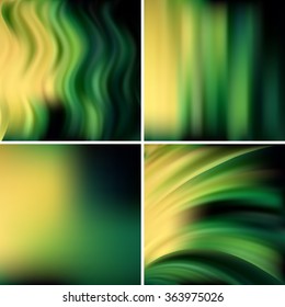 Abstract vector illustration of colorful background with blurred light lines. Green, black, yellow colors.  Set of four square backgrounds. Curved lines.