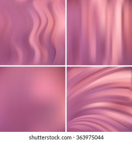Abstract vector illustration of colorful background with blurred light lines. Pink color.  Set of four square backgrounds. Curved lines.