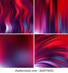 Abstract vector illustration of colorful background with blurred light lines. Red, pink, purple colors.  Set of four square backgrounds. Curved lines.