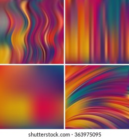 Abstract vector illustration of colorful background with blurred light lines. Autumn-colored. Set of four square backgrounds. Curved lines.