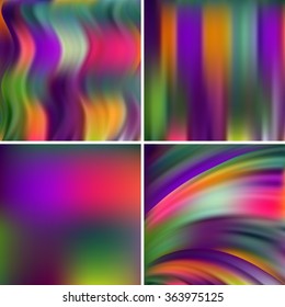 Abstract vector illustration of colorful background with blurred light lines. purple, orange, green colors. Set of four square backgrounds. Curved lines.