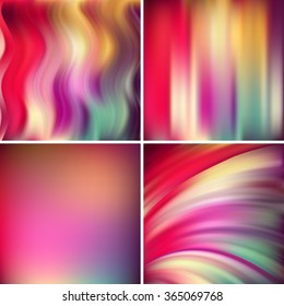Abstract vector illustration of colorful background with blurred light lines. Set of four square backgrounds. Curved lines. Red, pink, orange, green. 