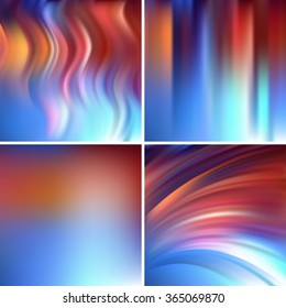 Abstract vector illustration of colorful background with blurred light lines. Set of four square backgrounds. Curved lines.