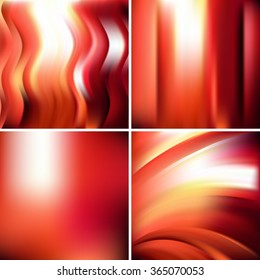 Abstract vector illustration of colorful background with blurred light lines. Set of four square backgrounds. Curved lines.