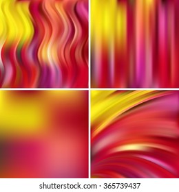 Abstract vector illustration of colorful background with blurred light lines. Set of four square backgrounds. Curved lines.