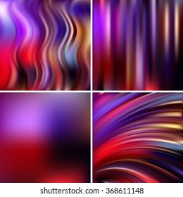 Abstract vector illustration of colorful background with blurred light lines. Set of four square backgrounds. Curved lines. Red, pink, purple colors. 