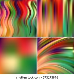 Abstract vector illustration of colorful background with blurred light lines. Set of four square backgrounds. Curved lines. Green, red, orange colors. 